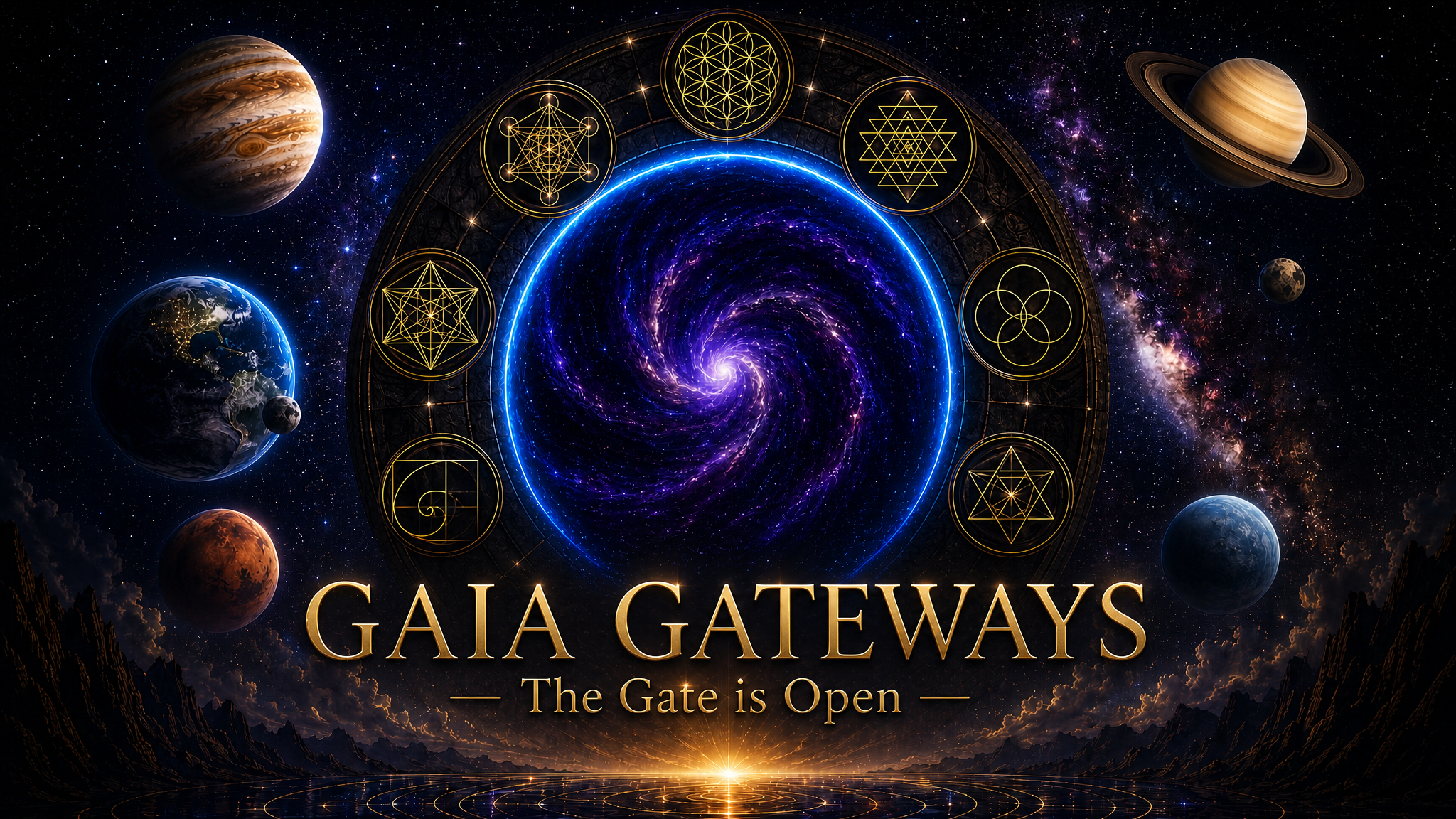 Gaia Gateways — portais sagrados da Terra com geometria sagrada, planetas e galaxia